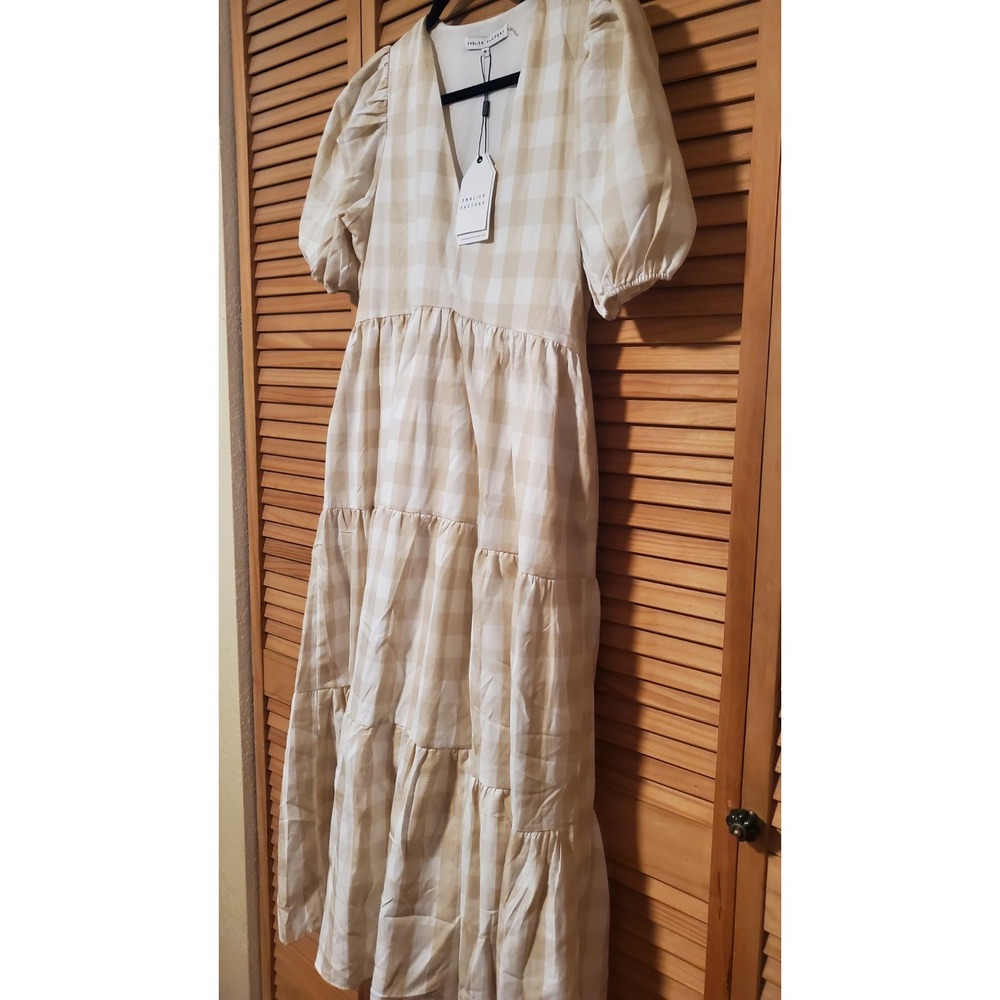 English Factory Tan And White Gingham Midi Dress Size Medium - Picture 4 of 13